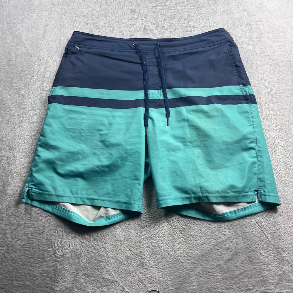 Fair Harbor Mens XL Board Shorts Navy Teal Striped Recycled Swim Trunks